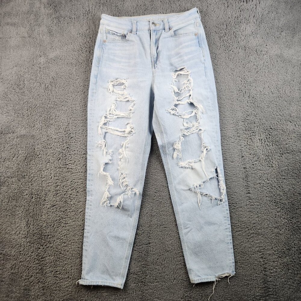 AE Strigid Ripped Mom Jean Women's 4 Regular High Waisted Tapered Ankle Stretch‎